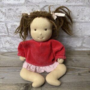 Kathe kruse Waldorf  doll Vintage Brown Hair, Pigtails Red Velvet Shirt 11” 3740